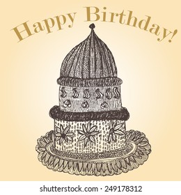 Monochrome hand-drawn birthday cake. Vintage postcard template