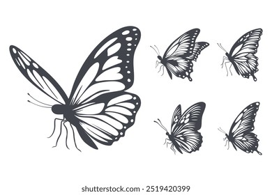 Monochrome Hand-Drawn Butterfly Icon Set. Single Color Butterfly Illustrations for Cutting, Tattoo Designs. Minimalist Butterfly Art, Clipart, Design Elements