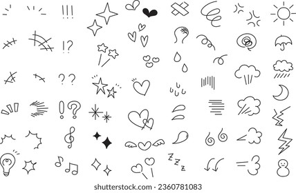 Juego de iconos monocromos dibujados a mano. Varios símbolos para expresar emociones.