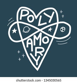 Monochrome hand-drawn illustration with heart and infinity symbol, handwritten word Polyamory, stars and planets doodles. Simple lettering concept. Isolated on dark background. Merchandise print.