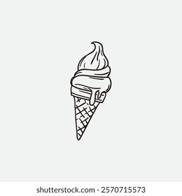 A monochrome hand-drawn illustration of a melting ice cream cone. Depicting a treat with artistic charm, perfect for designs and projects needing a simple yet playful dessert creative graphic.