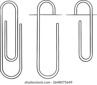 Monochrome, hand-drawn illustration showcasing three paperclips, with one fully displayed and two others depicted as if attached to a sheet of paper. This simple yet effective set is ideal for themes.