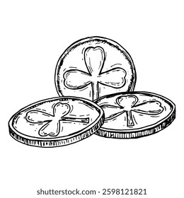 A monochrome hand-drawn illustration of three lucky gold coins engraved with shamrocks. A classic symbol of Irish folklore, wealth, and prosperity, commonly associated with St. Patrick s Day