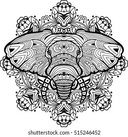 Monochrome hand-drawn ink drawing. Painted elephant on a background of circular tribal pattern. Coloring page book for adults. Line art design