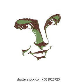 Monochrome hand-drawn mask with face features and emotional expressions. Beautiful sexy lady, portrait of flirting woman.