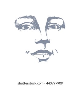 Monochrome hand-drawn mask with face features and emotional expressions. Beautiful sexy lady, portrait of flirting woman.