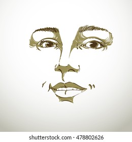 Monochrome hand-drawn mask with face features and emotional expressions. Beautiful sexy lady, portrait of flirting woman.