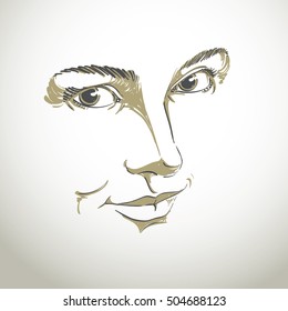 Monochrome hand-drawn mask with face features and emotional expressions. Beautiful sexy lady, portrait of flirting woman.
