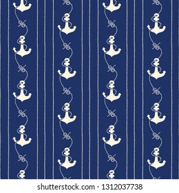 Monochrome Hand-Drawn Rope Vertical Stripes with Anchors and Zeppelin Bend Nautical Knots Vector Seamless Pattern