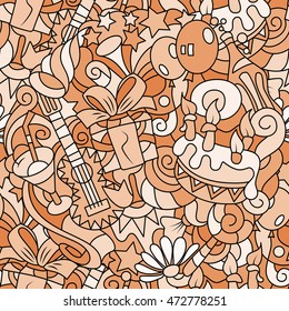 Monochrome hand-drawn seamless pattern with elements of doodles on the theme of birthday. For the decoration, wallpaper, wrapper, cover.