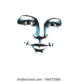 Monochrome hand-drawn silhouette of romantic woman face, delicate features. Face expression on lady face, vector illustration. 