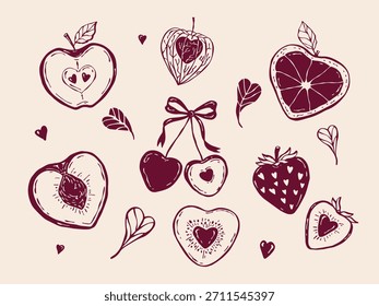 Monocromático desenhado à mão Dia dos Namorados conjunto de frutas em forma de coração: cereja, fisalis, laranja, morango, kiwi, maçã, pêssego. Estilo mínimo de estrutura de tópicos para cartões