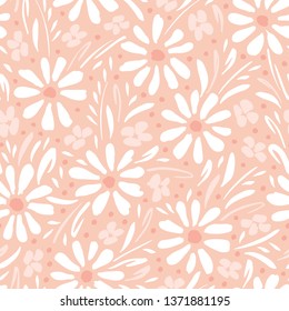 Monochrome hand-painted daisies and foliage on peach pink background vector seamless patters. Spring summer floral print