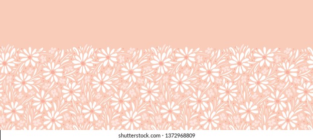 Monochrome hand-painted daisies and foliage on peach pink background horizontal vector seamless border. Floral Edge, vector de stoc
