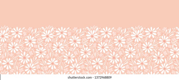 Monochrome hand-painted daisies and foliage on peach pink background horizontal vector seamless border. Floral Edge