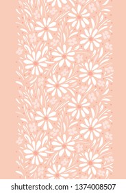 Monochrome hand-painted daisies and foliage on peach pink background vertical vector seamless border. Floral Edge