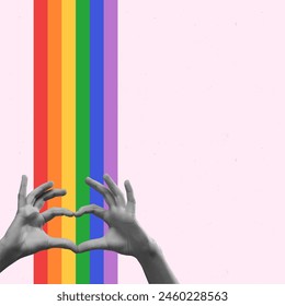 Manos monocromas sosteniendo el arco iris que simbolizan la Asistencia de la comunidad LGBTQI contra el fondo rosa. Collage de arte contemporáneo. LGBT, igualdad, mes del orgullo, Asistencia, amor, concepto de derechos humanos