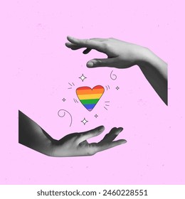 Monochrome hands and rainbow color hear shape against pink background. Contemporary art collage. Unity in love. LGBT, equality, pride month, support, love, human rights concept