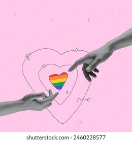 Manos monocromas que alcanzan la forma del corazón del arco iris contra el fondo rosado. Collage de arte contemporáneo. Igualdad de amor. LGBT, igualdad, mes del orgullo, Asistencia, amor, concepto de derechos humanos