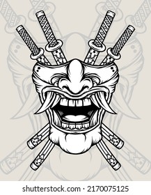 Monochrome Hannya With Katana. Premium vector