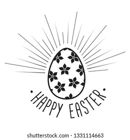 Monochrome Happy Easter lettering with Easter egg and rays of burst. Decoration element for Easter design. Isolated on white background. Vector illustration.