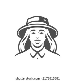 Monochrome happy farmer woman in hat agriculture garden cultivation vintage icon vector illustration. Agronomist female farm market organic food production countryside person black silhouette
