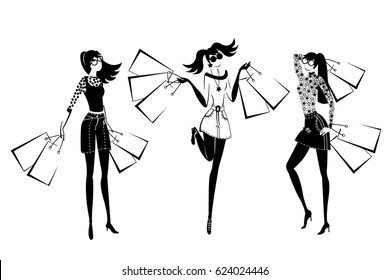 Monochrome happy girls shopping set with glamourous women holding bags and packages isolated vector illustration