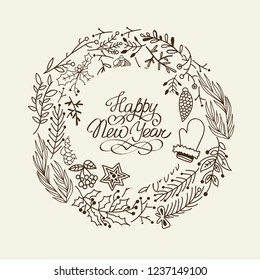 Monochrome Happy New Year circle wreath concept with festive images of leaves stars mitten hand drawn vector illustration