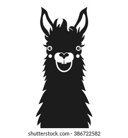 Monochrome happy smiley face llama. Vector black and white illustration with funny animal