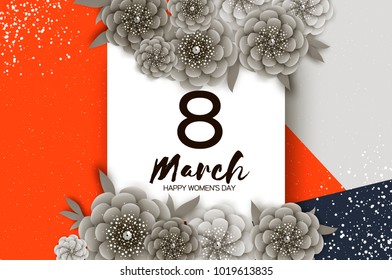 Monochrome Happy Womens Day. 8 March. Trendy Mothers Day. Paper cut Exotic Tropical Floral Greetings card. Origami Flowers. Spring blossom. Square frame. Text. Seasonal holiday. Modern decoration.