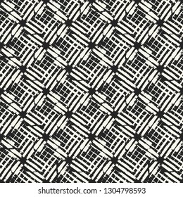 Monochrome Hatching Stroke Textured Broken Mesh Graphic Motif. Seamless Pattern.
