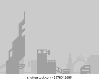 Monochrome Hazy Cityscape, Panorama View, Pixel Art Background