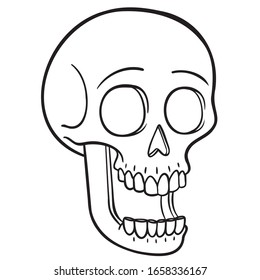 monochrome head of a skull with an open jaw.  isolated, comic, horror, halloween, vector.