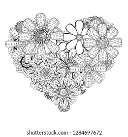 Monochrome Heart of flower doodle background. pattern for coloring book. Vector illustration