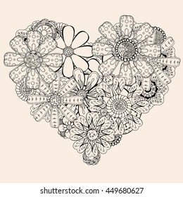 Monochrome Heart of flower doodle background. pattern for coloring book. Vector illustration, Black beige color
