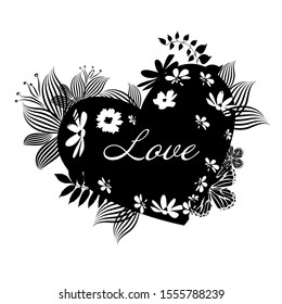 The monochrome heart with flowers and twigs is abstract. Happy Valentine's Day. Vector