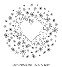 Monochrome heart frame for your text. Romantic round coloring page. Pattern with vintage floral ornament. Many little flowers. Black and white vector illustration.