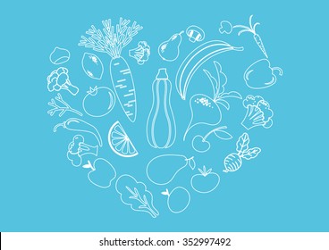 Monochrome Heart from healthy food with veggies on blue background