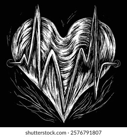 Monochrome heart illustration with EKG pulse line in hand-drawn style. Perfect for medical visuals, tattoos, or science posters blending anatomy with artistic detail in a minimalistic look.