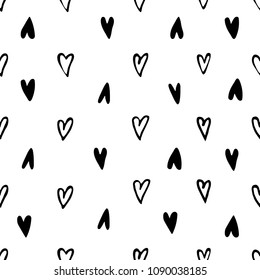Monochrome hearts signs seamless pattern. Hand drawn love symbols on white background. Cute pattern for your design.
