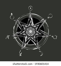 monochrome heptagram with astrology planetary symbols