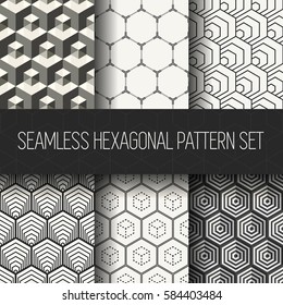 Monochrome hexagonal pattern set with six unique seamless geometric backgrounds. Modern stylish textures are perfect for print, wallpapers and decoration.