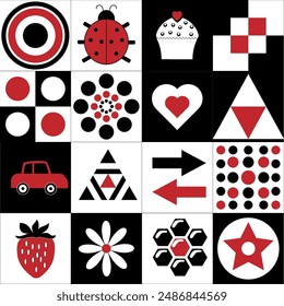 Monochrome High Contrast Black,White and red Stimulation Cards for Babies Montessori Play Black and White Cards