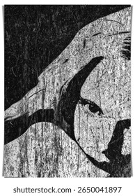 a monochrome, high-contrast, distressed graphic featuring a stylized, abstract profile of a face or head with a prominent curved, pointed element