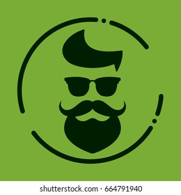 Monochrome hipster with beard, glasses, haircut, mustaches. Silhouette, avatar, label, logo emblem on a green background. Vector illustration