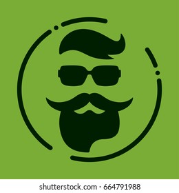 Monochrome hipster with beard, glasses, haircut, mustaches. Silhouette, avatar, label, logo emblem on a green background. Vector illustration