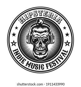 Monochrome hipster dead head label vector illustration. Retro bearded skull in glasses listening music on white background. Hipster lifestyle concept can be used for retro template