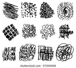 Monochrome hipster prints, backgrounds with linear doodles, scales, diagonal waves, hand drawn graphics made with graphics tablet