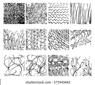 Monochrome hipster prints, backgrounds with linear doodles, scales, diagonal waves, hand drawn graphics made with graphics tablet