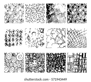 Monochrome hipster prints, backgrounds with linear doodles, scales, diagonal waves, hand drawn graphics made with graphics tablet